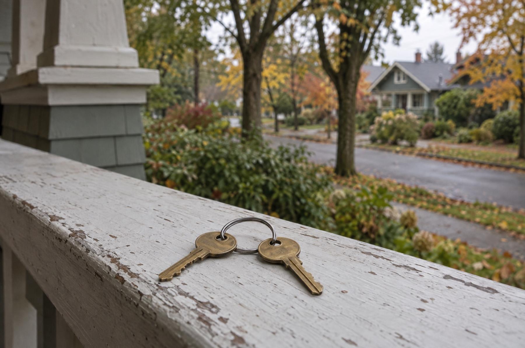 Two brass house keys on a steel ring resting on the peeling painted railing of an old craftsman front porch, with an autumn tree-lined street out of focus behind