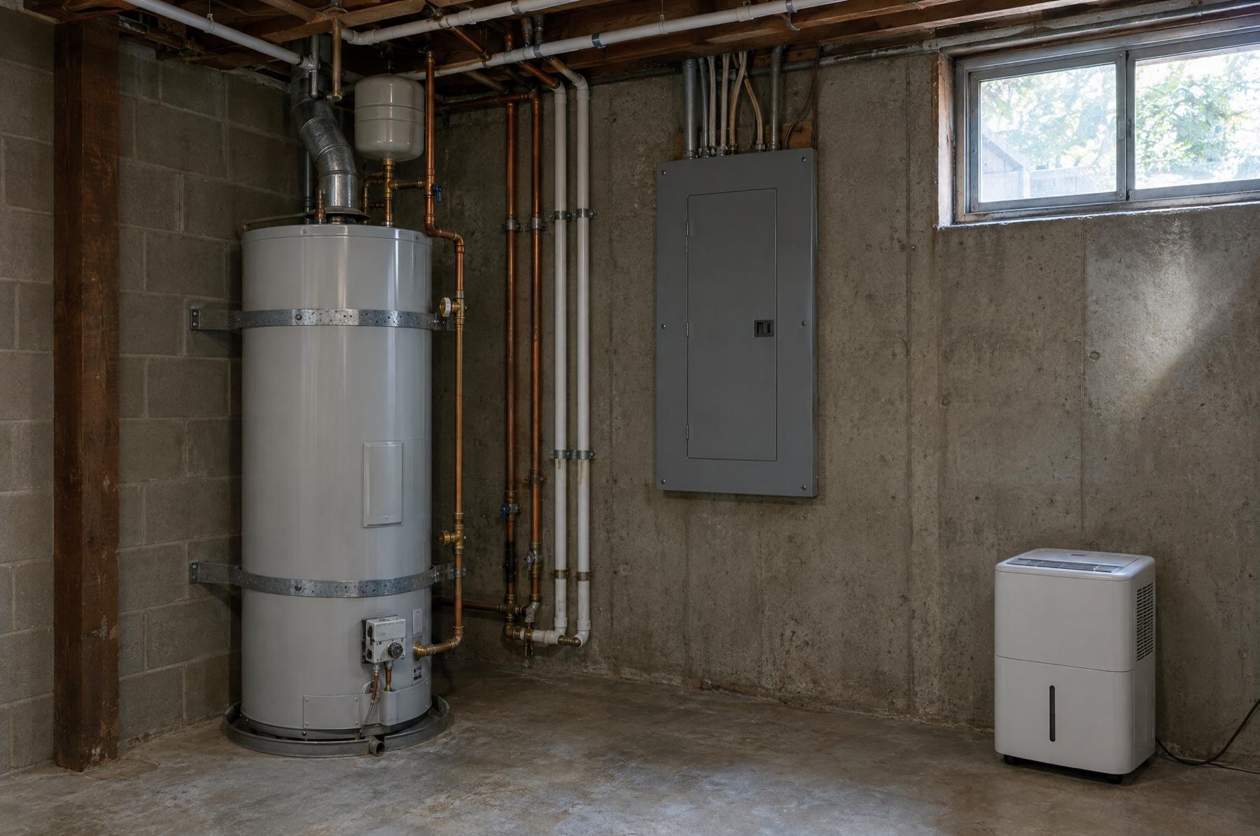 Basement utility corner of an older house with a strapped water heater, copper and plastic supply pipes, a closed grey electrical panel, and a bare concrete floor lit by a small high window