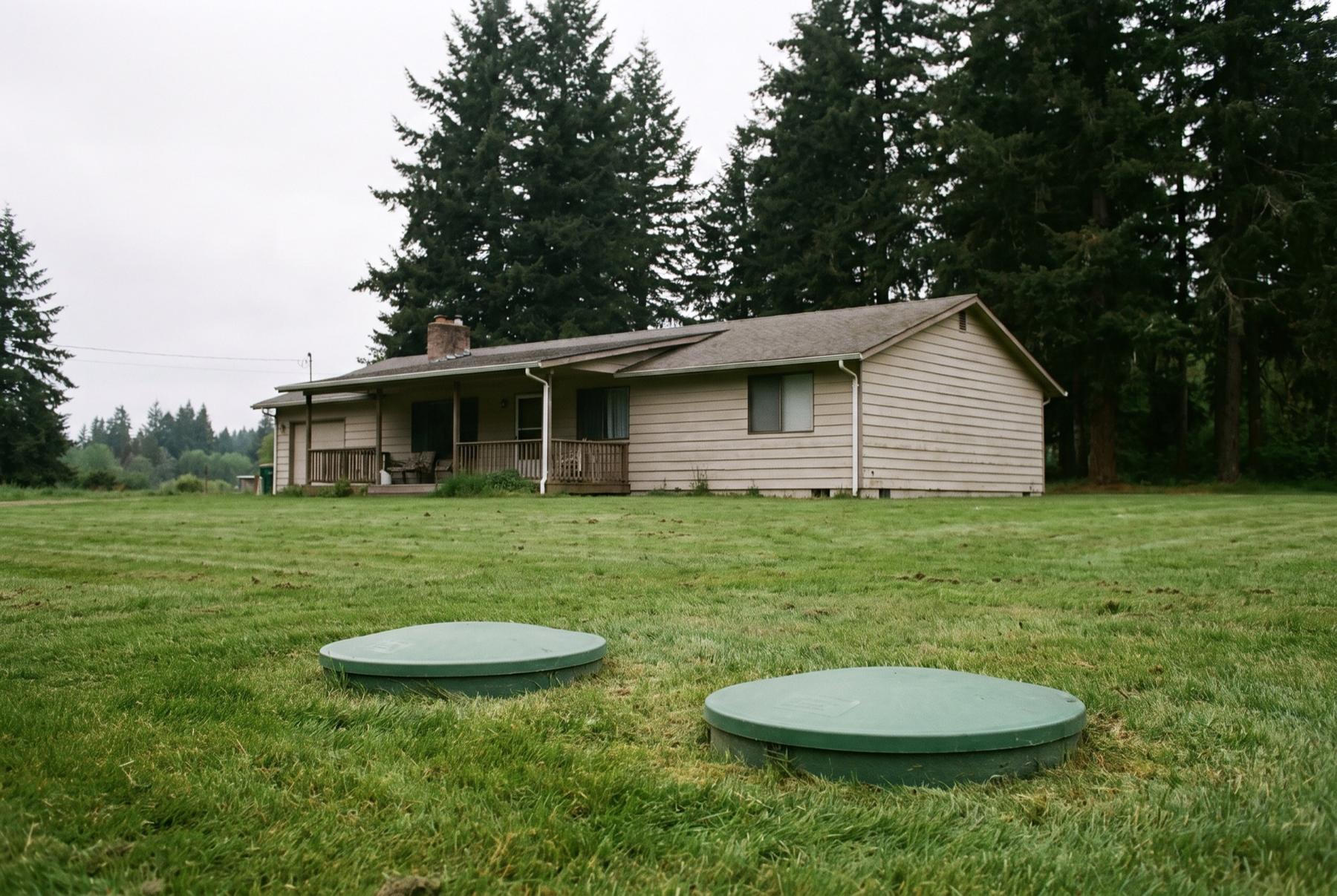 Two green septic tank lids set in a mowed lawn in front of a rural rambler, with tall Douglas firs behind on an overcast day