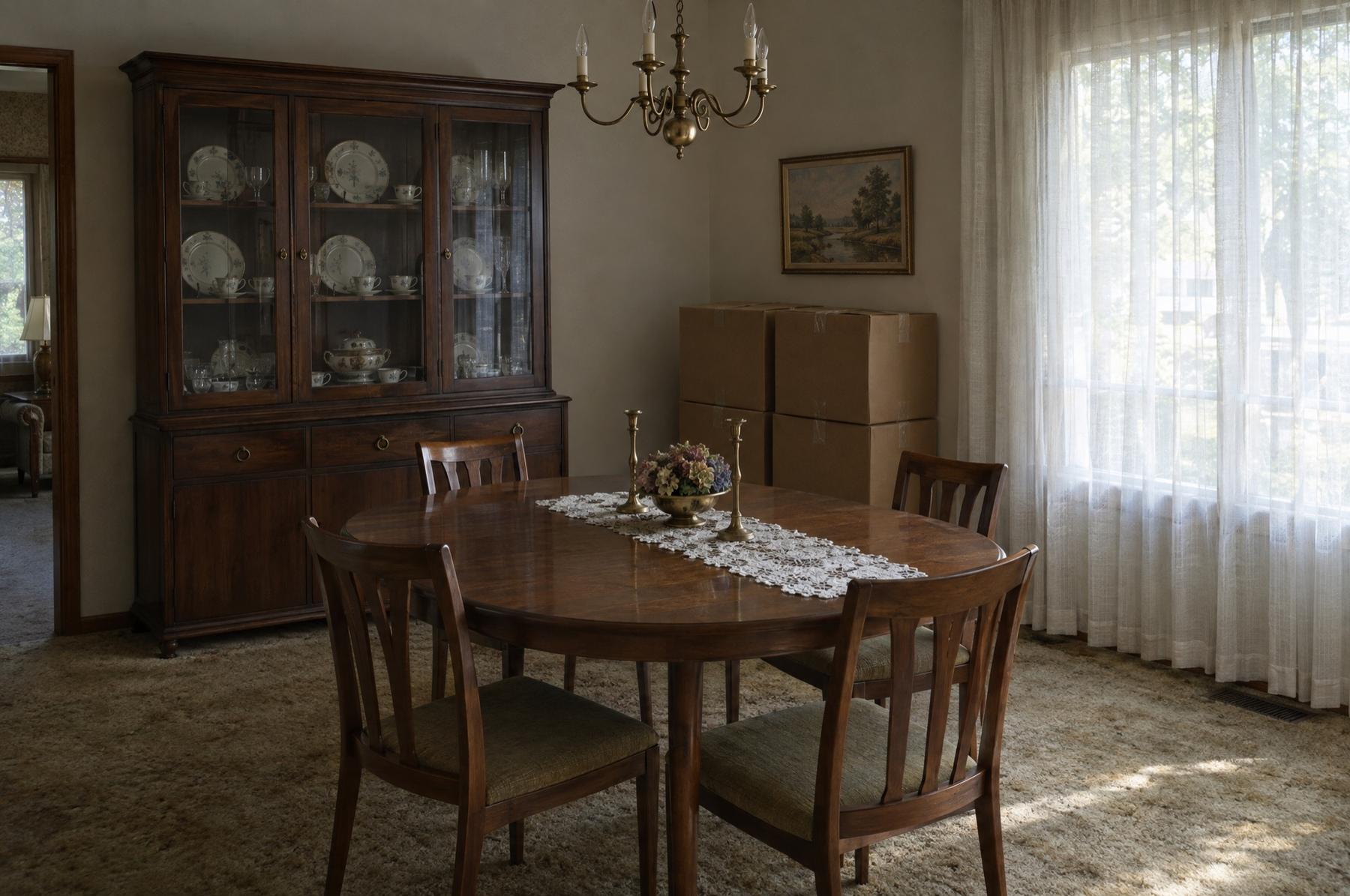 A quiet dining room in an older rambler with a dark wood china hutch, a lace table runner, and a few taped moving boxes stacked against the wall in soft window light