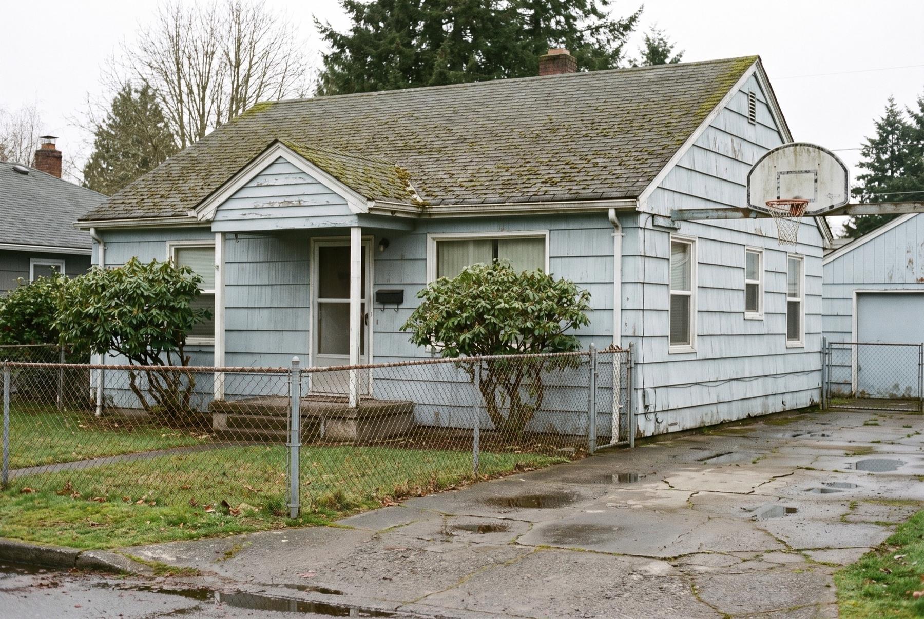 A modest single-story 1950s house with a chain-link fence, covered front porch, mossy roof and a basketball hoop over the driveway on an overcast day