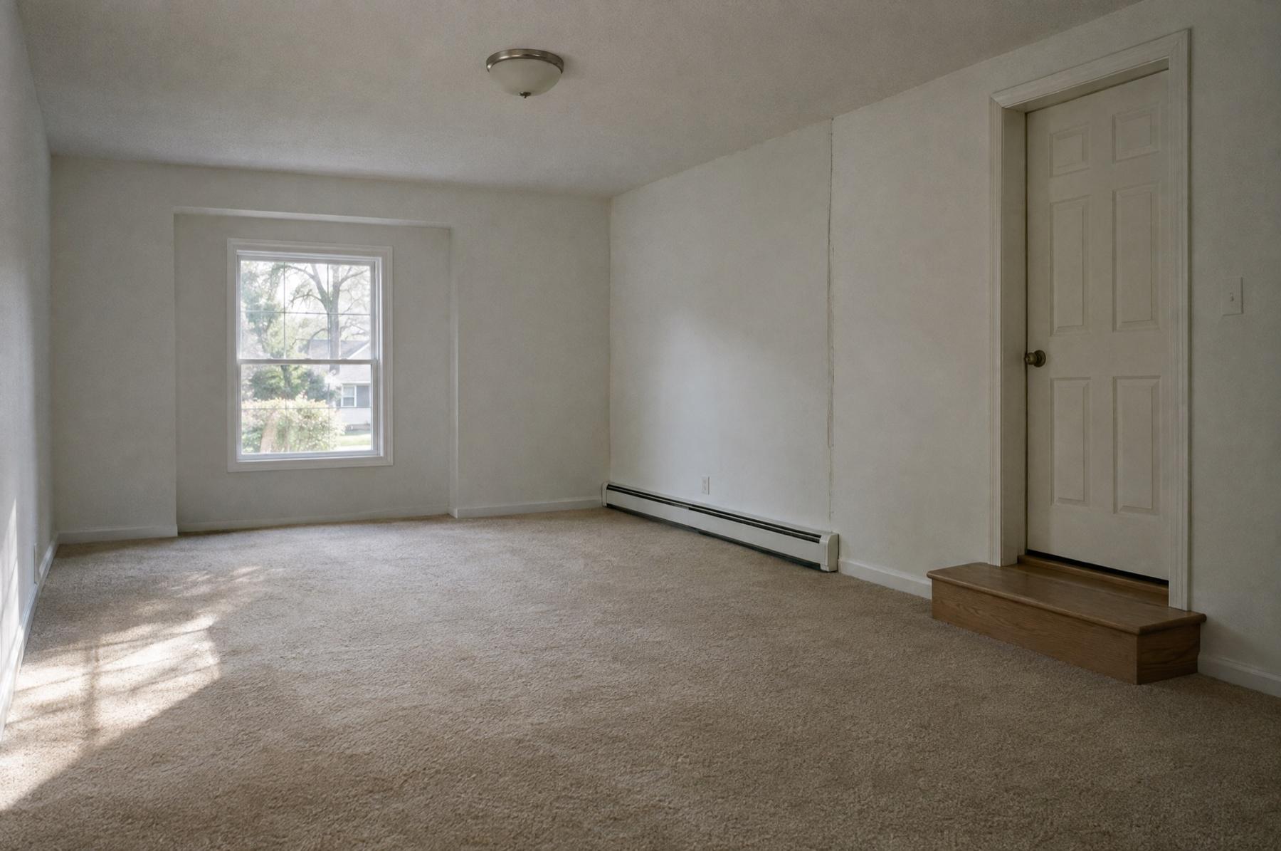 A former garage turned into a bedroom, with beige carpet laid over the slab, a single step up to the house door, and one window in bare white walls