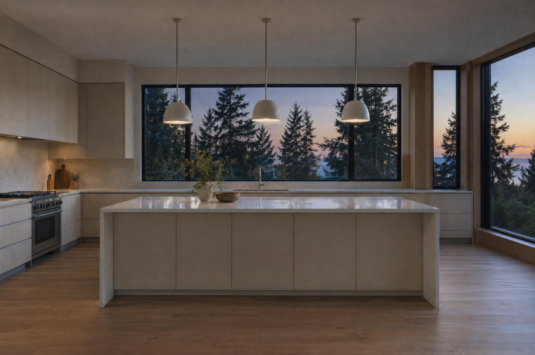 Empty modern kitchen at twilight with a long pale stone island, three white pendant lights, flat-front cabinets, a stainless range, and large windows framing evergreen trees