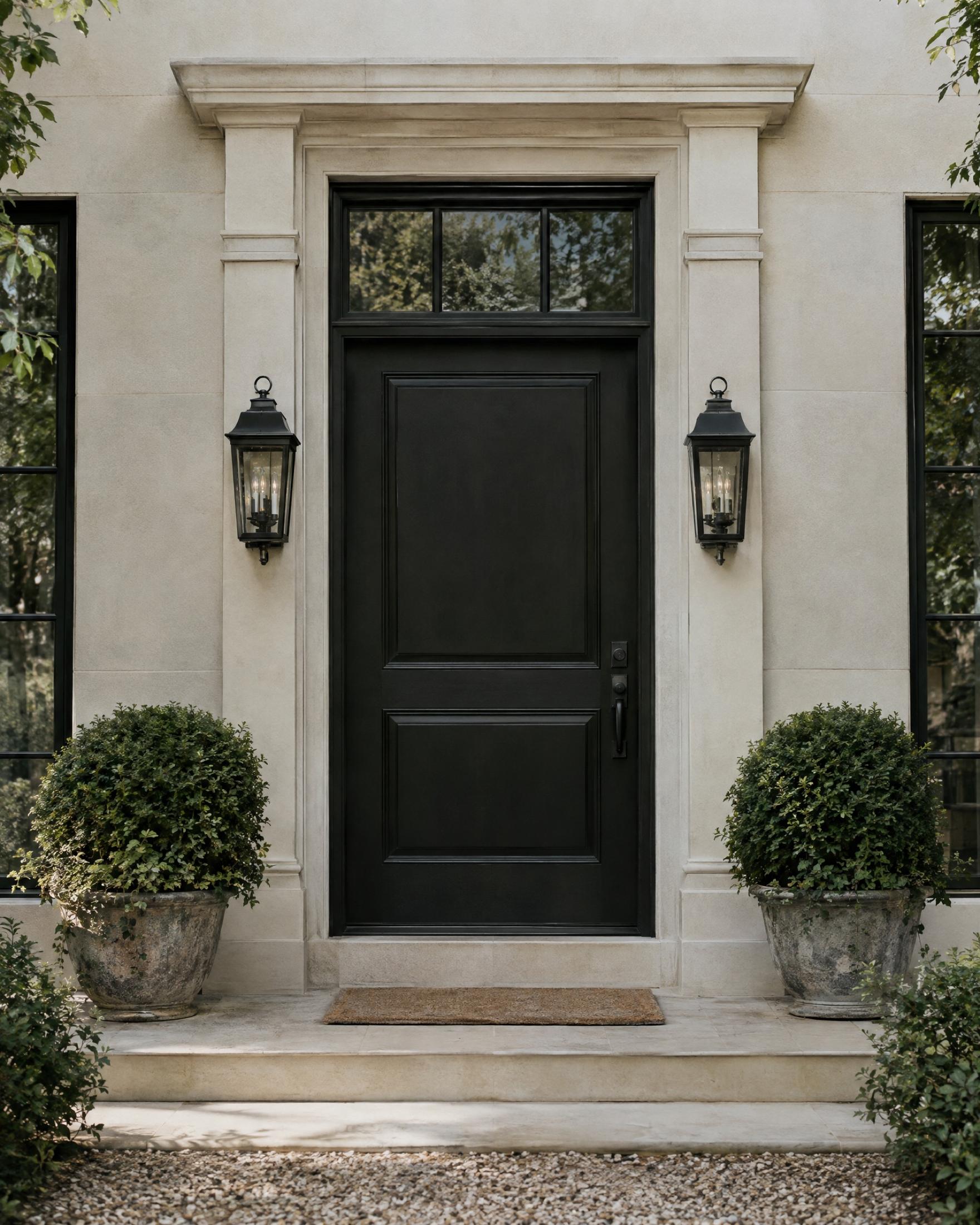 Black paneled front door with a transom window, framed by limestone trim, a pair of black lantern sconces, and two potted boxwoods on the stoop, with a coir doormat