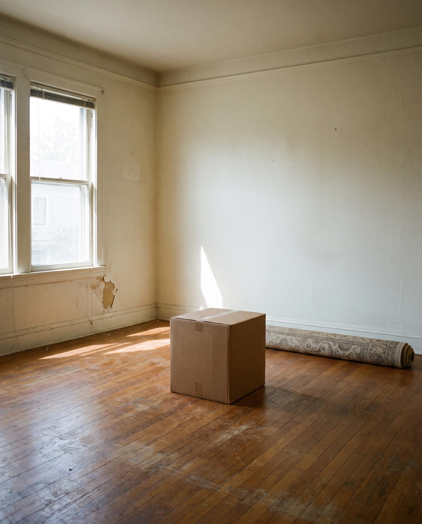 Empty sunlit room with worn hardwood floors, a single taped cardboard moving box, and a rolled patterned rug along the wall
