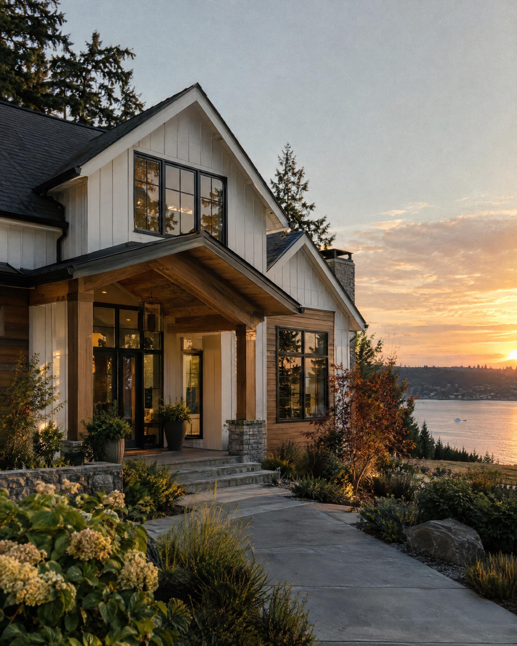 Modern farmhouse with white board-and-batten siding, black-framed windows and a cedar-beamed front porch at sunset, with evergreens behind and a view over the water