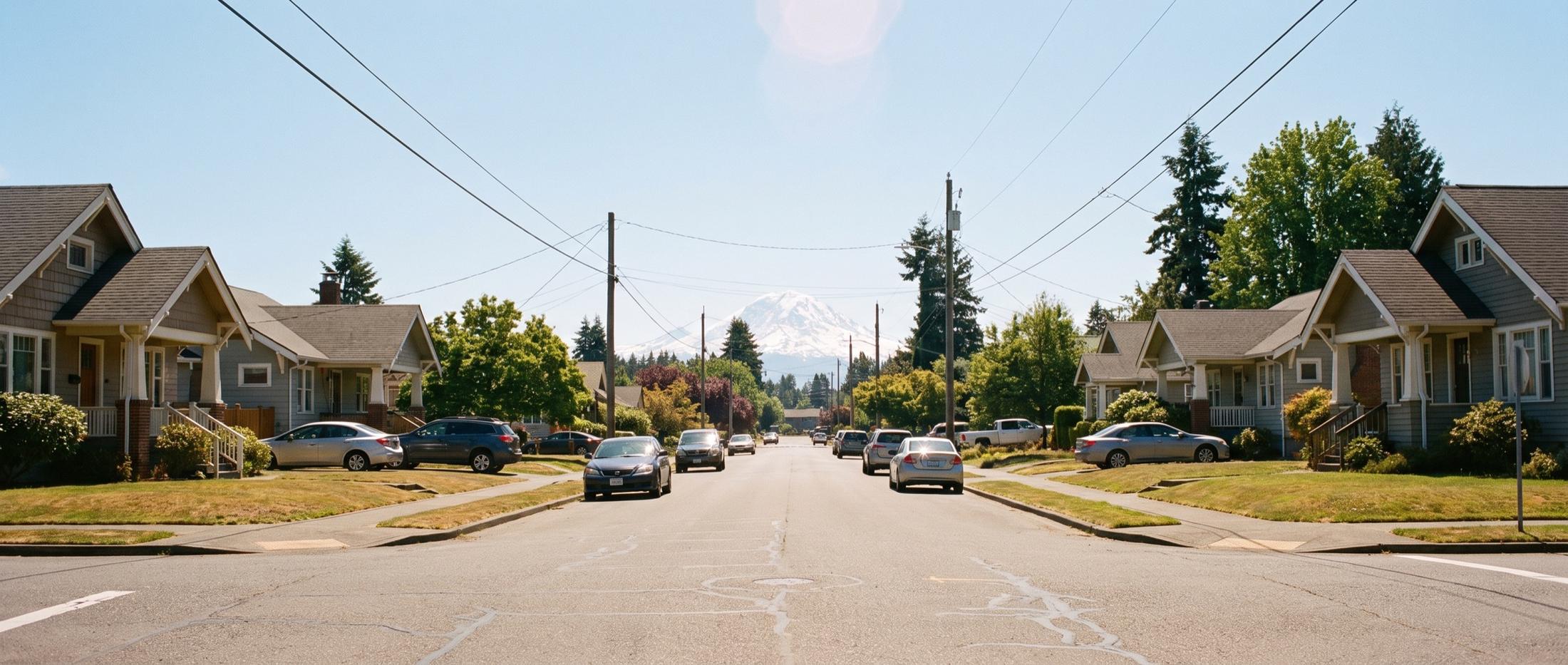 Residential street lined with craftsman-style homes, parked cars, and utility poles, with a snow-covered mountain rising in the distance on a clear summer day
