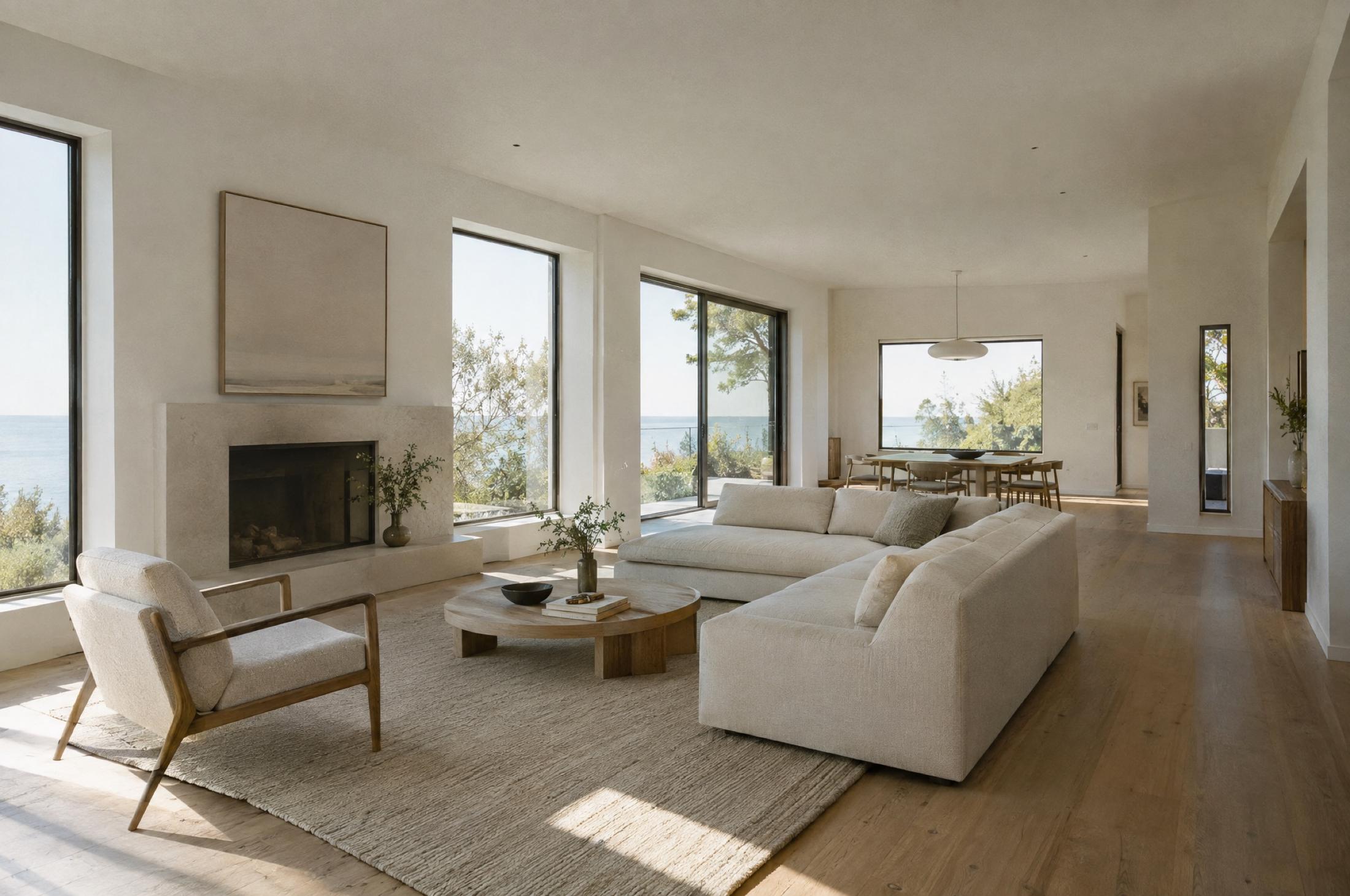 Staged open-plan living room with white walls, wide oak floors, a cream sectional, a round wood coffee table, a fireplace, and tall windows looking out to the water